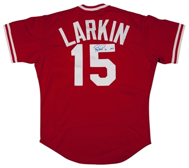 1987 Barry Larkin Game Used and Signed Batting Practice Jersey (PSA/DNA)
